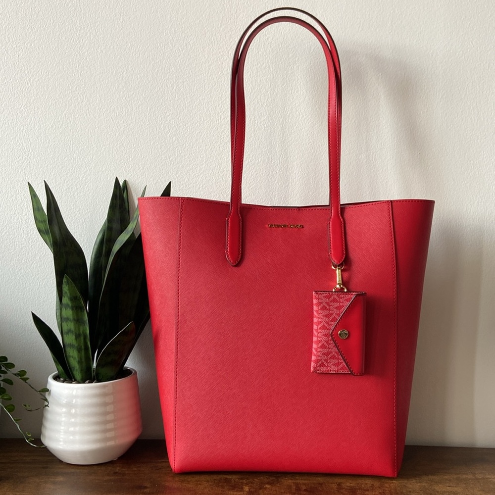 New Michael Kors Leather Large Red Tote with Card Case Attached